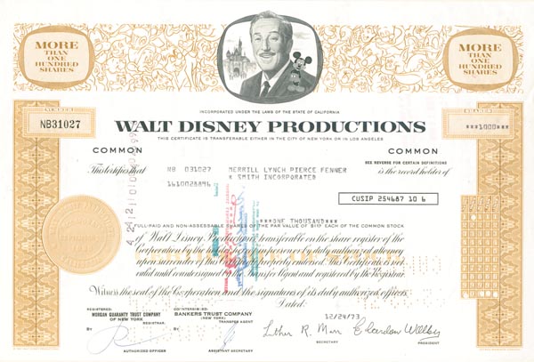 Walt Disney Productions - Stock Certificate Fully Issued